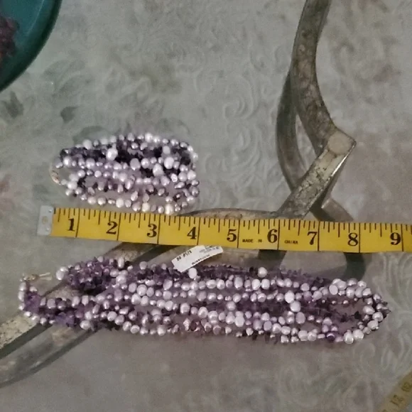 14K Purple White Freshwater Pearls + Amethyst Beaded Necklace and Bracelet Set